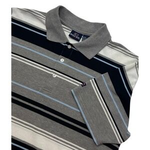 Bugle‎ Boy Mens Medium Polo Golf Shirt Striped Gray Blue White Casual Top VTG